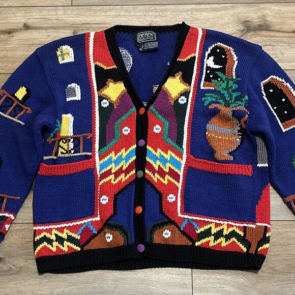 Berek Marta D Cardigan Sweater SZ Small Fiesta Southwest 1989 Vintage Funky Knit - Picture 2 of 8